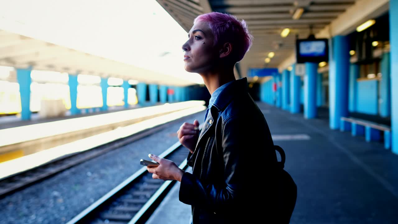 Donna con cellulare in attesa del treno 4k