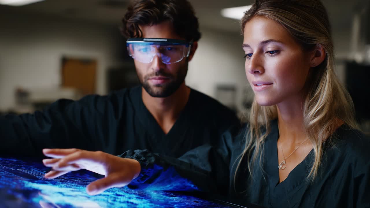 A Close Examination of Advanced Technology in a Modern Laboratory Setting, Showcasing Collaborating Researchers Engaged in Interactive Data Analysis with Hands-on Touchscreen Displays for Innovative Discoveries