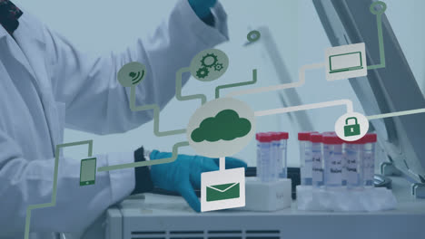 animation of network of connections over male caucasian scientist in laboratory