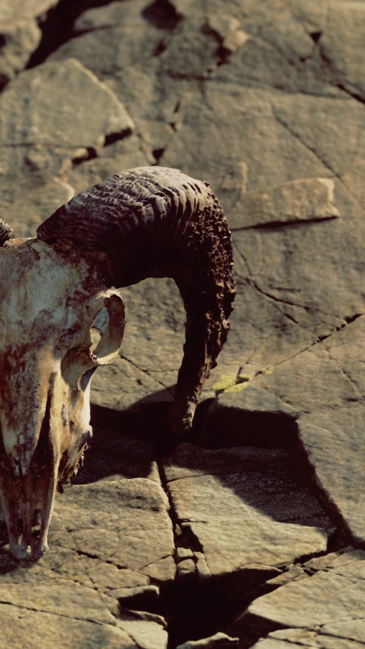 Crânio de um carneiro em terreno rochoso em um ambiente natural ao ar livre.