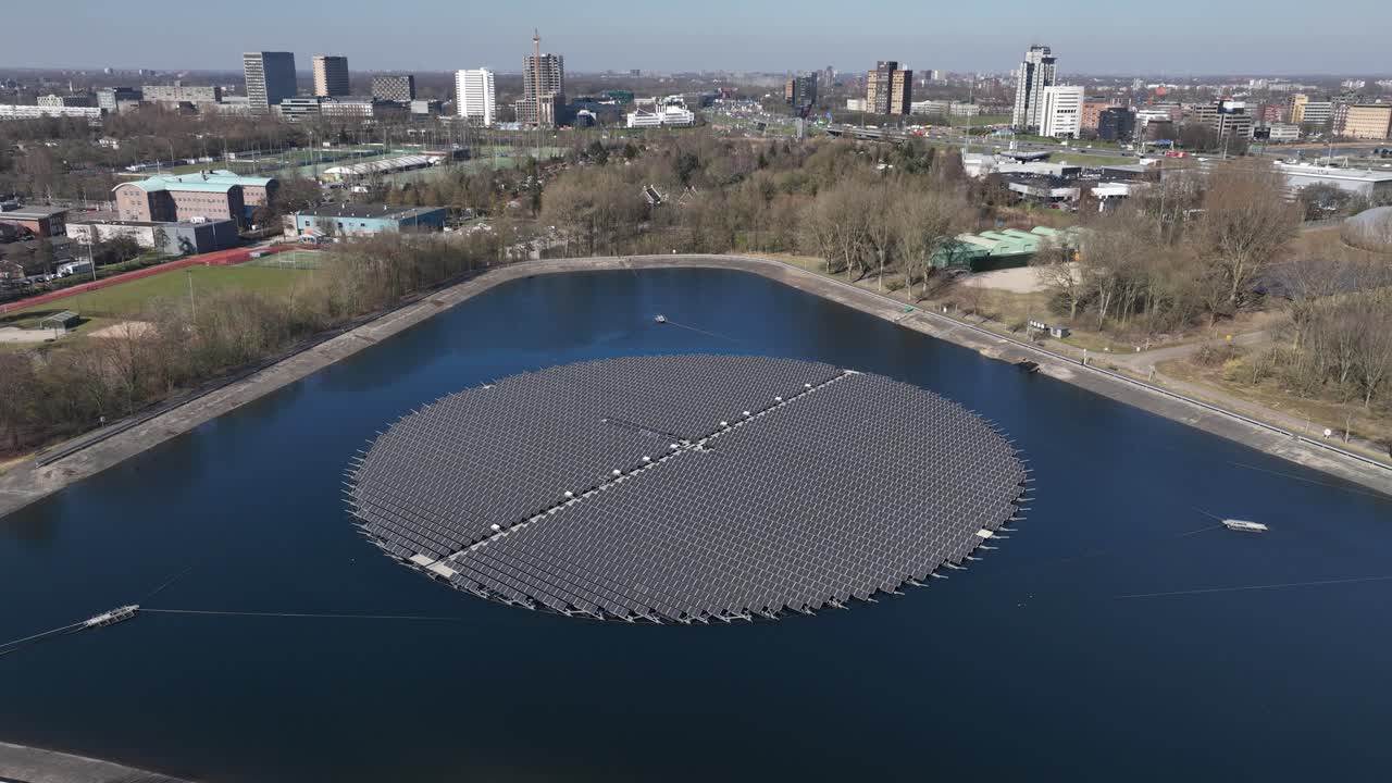 solar panels on water, on lake, renewable energy, Rotterdam, The Netherlands. Aerial view.