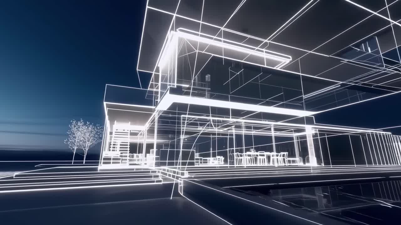 Futuristisk arkitektonisk wireframe fra en lav engel, der viser et digitalt videokoncept