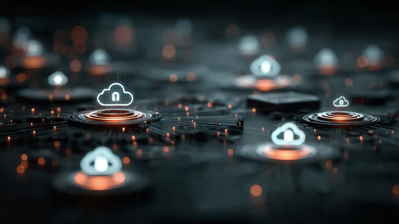 Exploring the Decentralized Cloud Network: A Visual Representation of Digital Security and Data Integrity Featuring Encrypted Cloud Icons on a Circuit Board Background