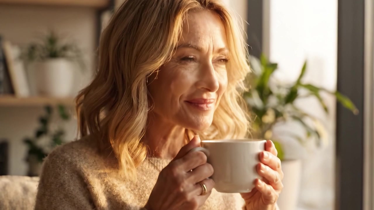 Un momento sereno: che cattura la tranquillità di una donna che si gode il suo caffè mentre ammira la bellezza della natura in un ambiente luminoso e accogliente.