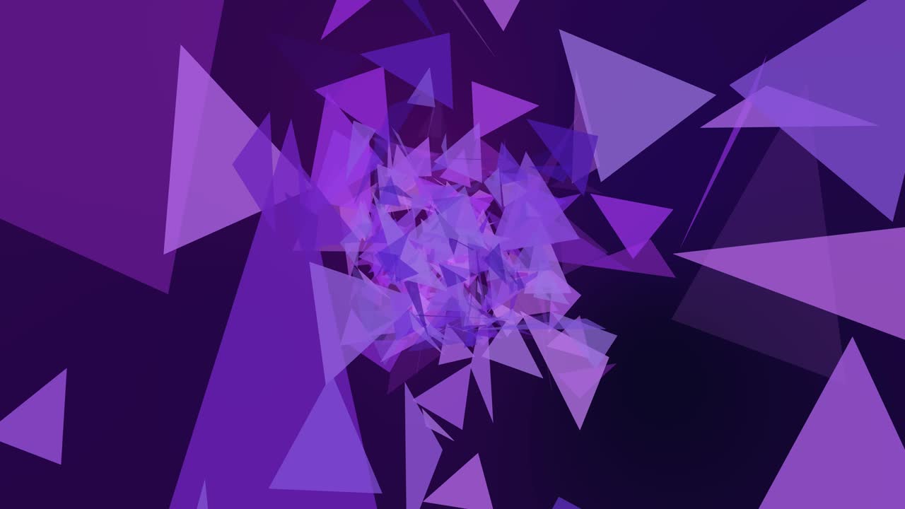 triángulos voladores, formas geométricas animación de movimiento. triángulos púrpuras 2d en movimiento caótico. composición horizontal, calidad de video 4k