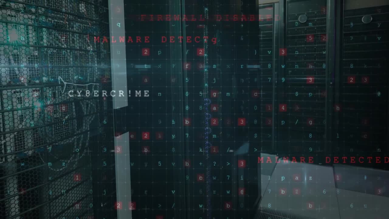 Animation of data processing and hacking texts over server room