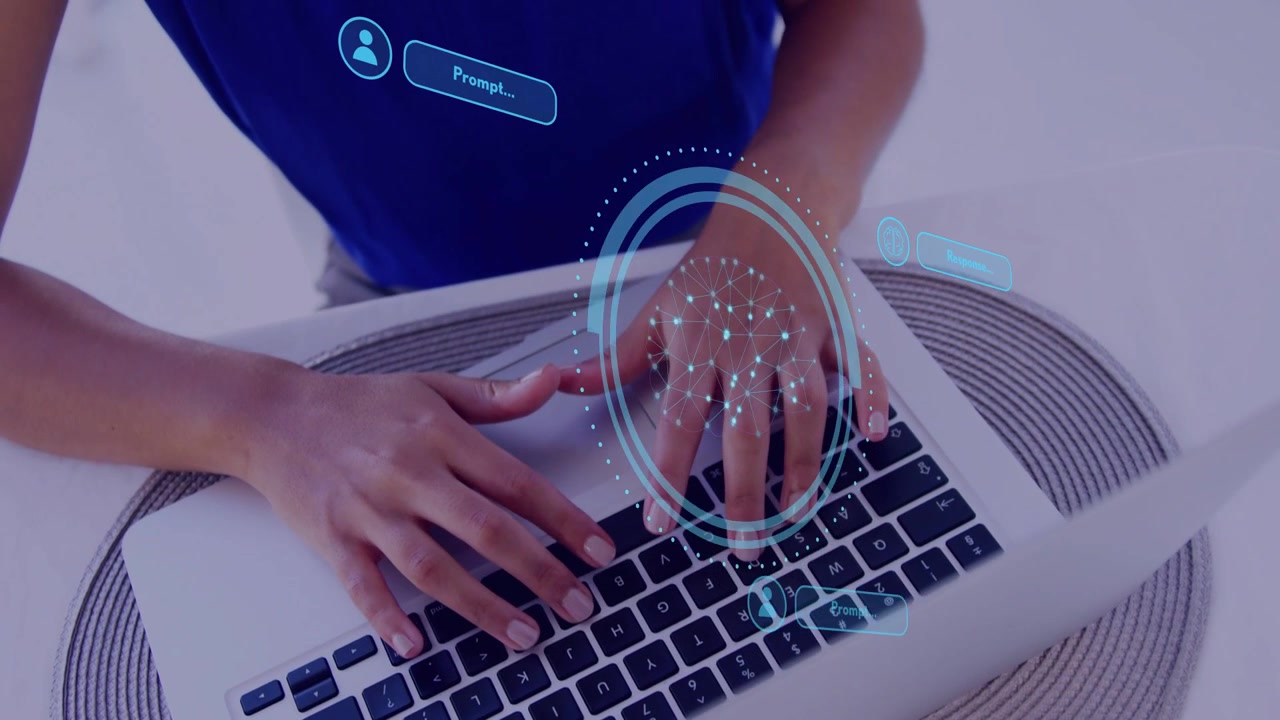 Woman typing laptop at table, causing tech HUD pulsing network and prompt chips, answering prompts