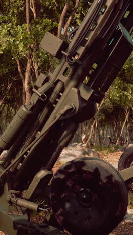 primer plano de una pieza de artillería militar en un bosque