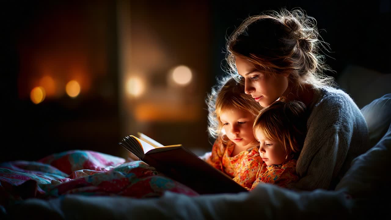 A Cozy Evening Storytime: A Mother Reading to Her Two Children in a Warm, Dimly Lit Room, Creating Lasting Memories and Inspiring Imagination Through the Art of Storytelling