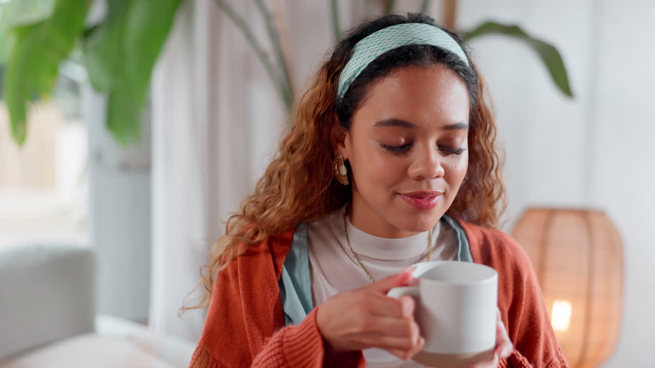 Woman enjoying a drink at home