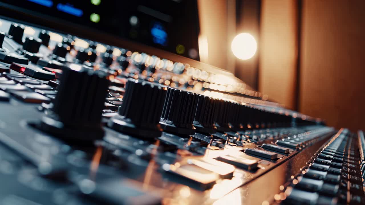 Close-up, low-angle shot of a mixing console in a dimly lit studio, highlighting knobs and buttons