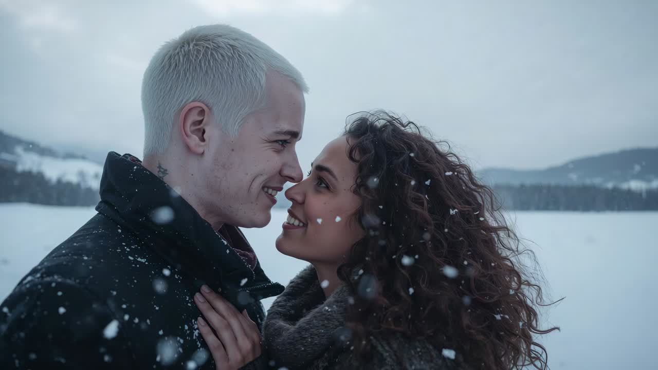 Coppia sorridente che si sporge l'uno verso l'altra su un lago ghiacciato, neve che cade, che condivide il calore indossando cappotti
