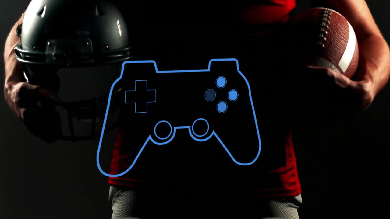 Holding football, person with animation of video game controller in dark area