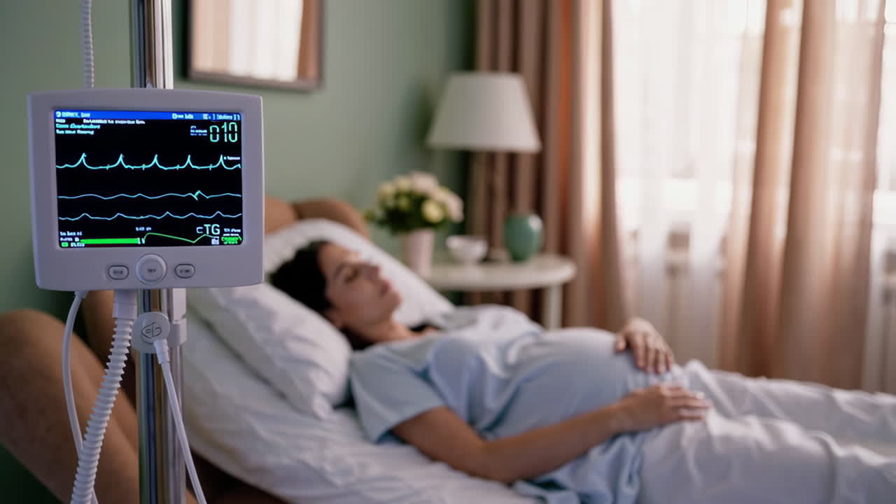 Pregnant woman in hospital bed being monitored