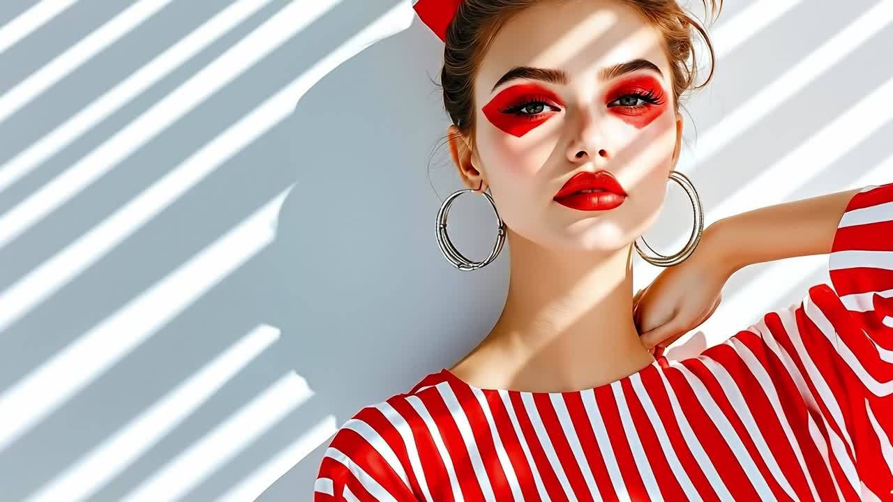 A woman in a red and white striped dress with a red bow on her head