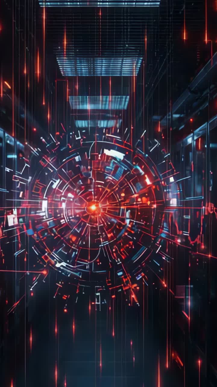 Vertical video: Generating portal by emerging red orb spinning blue ring, pulsing waves in corridor