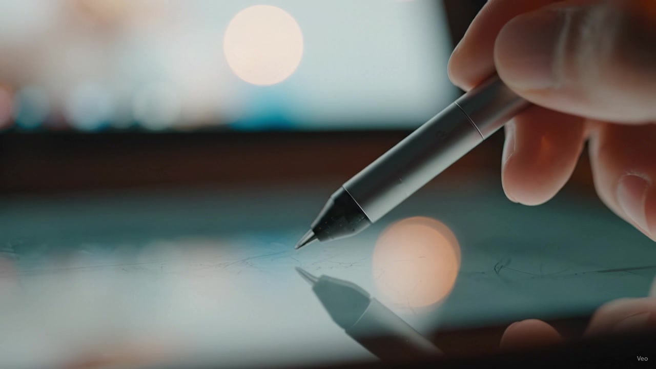 Detail ruky držící stylus nad digitálním tabletem, ukazující preciznost a uměleckost digitální kresby v moderním kreativním pracovním prostoru.