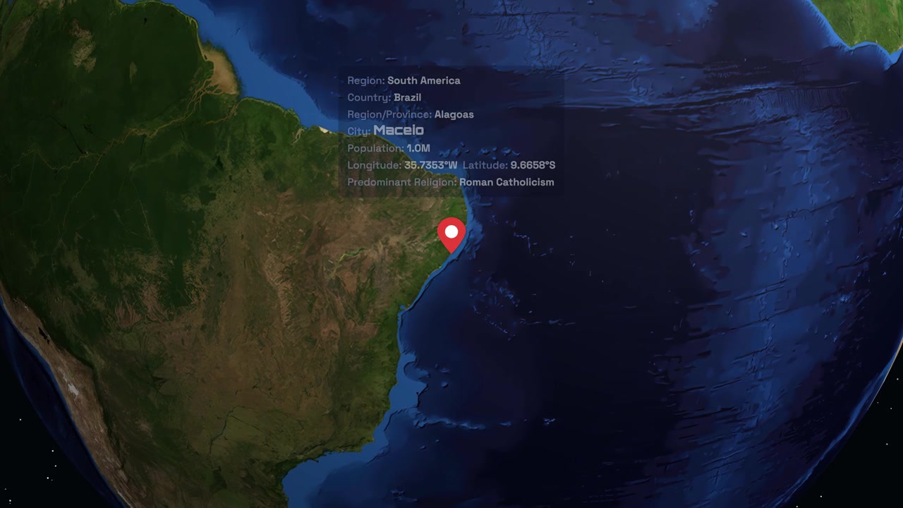 A 3D rotating globe zooms into South America, highlighting Maceio, Brazil with demographic data