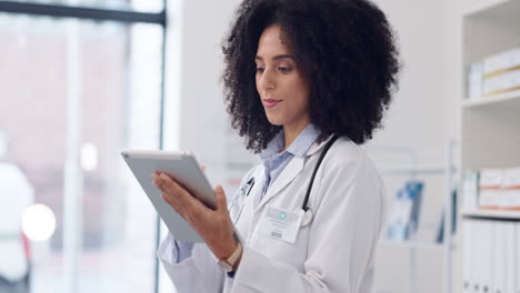 happy, doctor and tablet with woman in hospital