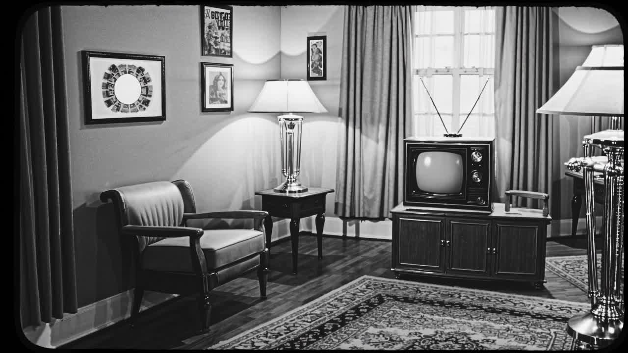 1950 년대 여성은 tv와 라디오와 함께 거실에 있습니다.