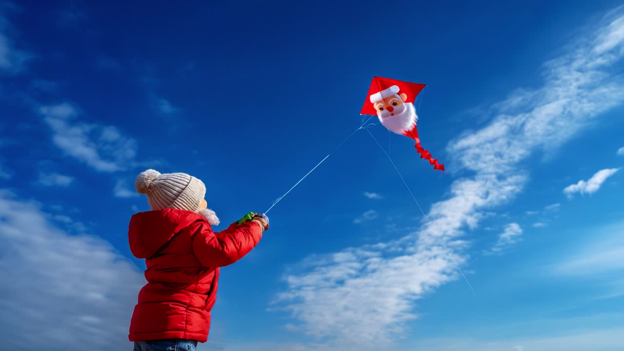 A Joyful Child Flying a Santa-Themed Kite Against a Bright Blue Sky, Spreading Holiday Cheer and Enjoying a Beautiful Day Outdoors with Whimsical Clouds