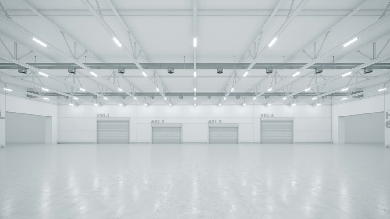 Spazio espositivo vuoto. Sfondo per mostre ed eventi. Rendering 3D. Pavimento in piastrelle. Mock-up di marketing. Video 4K
