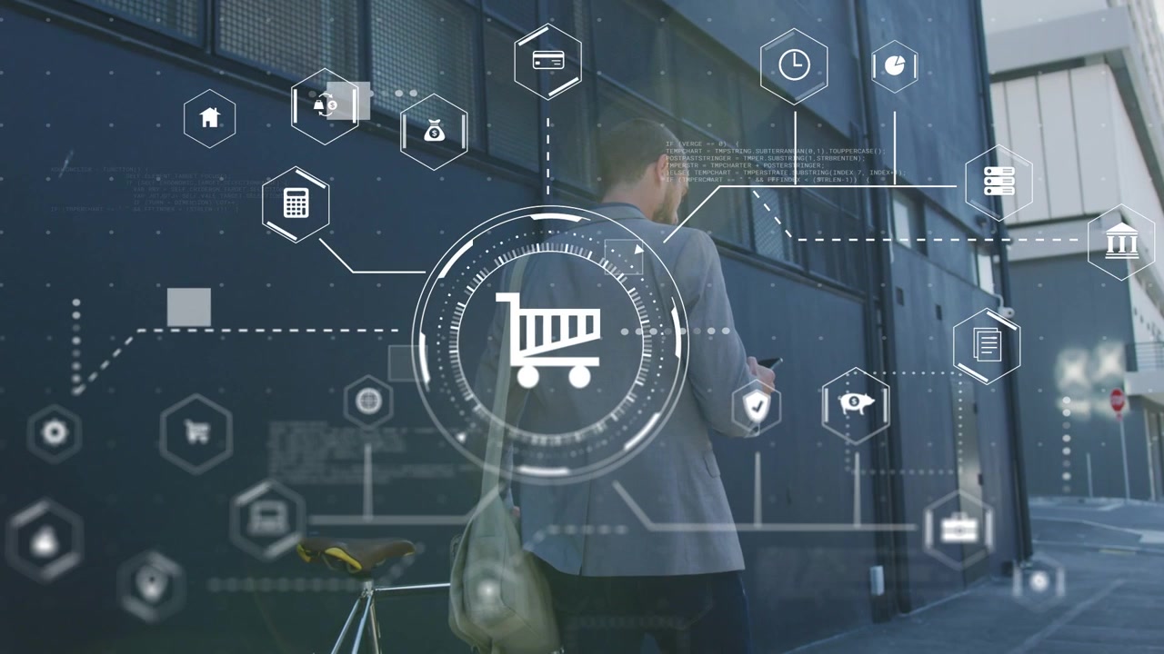 Video verticale: Uomo che tocca il telefono, con HUD che forma un quadrante del carrello con icone esagonali che mostrano opzioni di vendita al dettaglio.