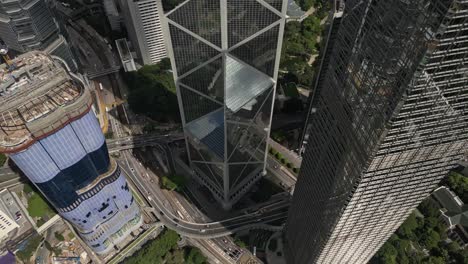 Aerial-over-the-Bank-of-China-Tower-on-Hong-Kong-island,-Hong-Kong