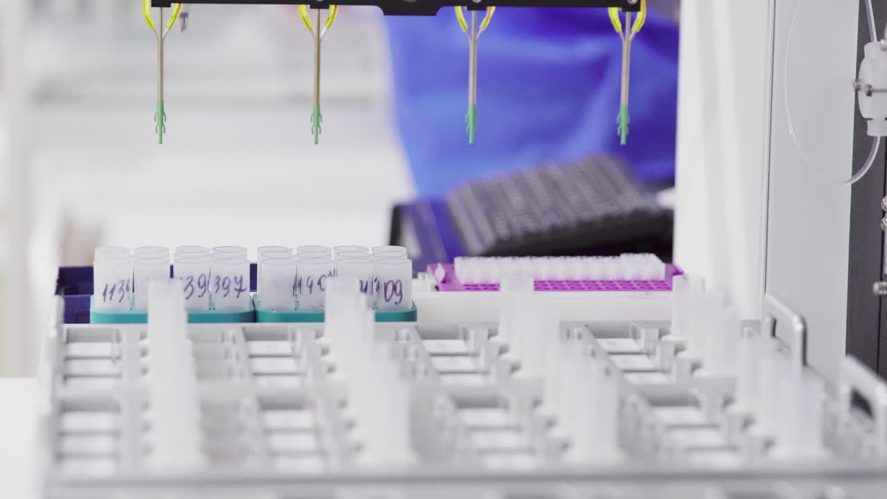 un primer plano del robot en el laboratorio inyecta el catalizador del medicamento para el análisis en el tubo de ensayo