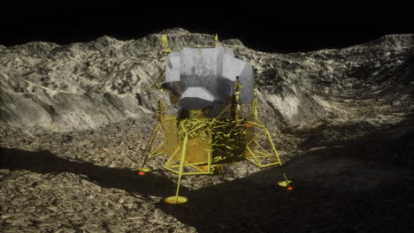 lunar lander explores the surface of the moon at night with rugged terrain