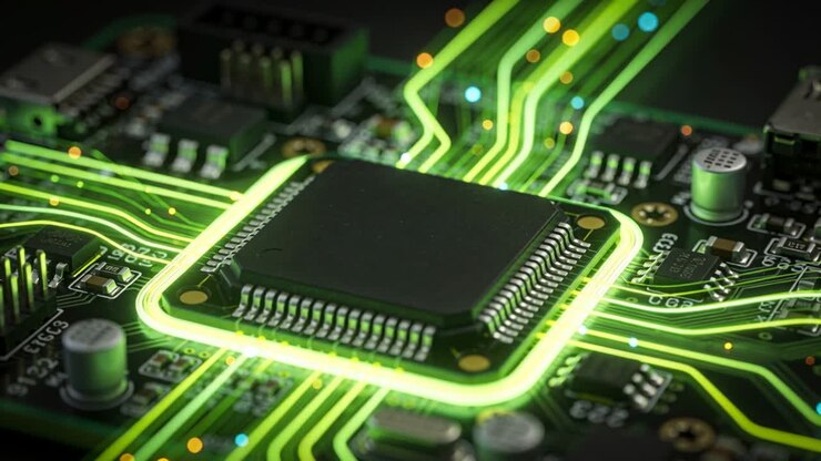 Pulsing microchip glowing along neon-green PCB traces in close-up, with blue and orange particles