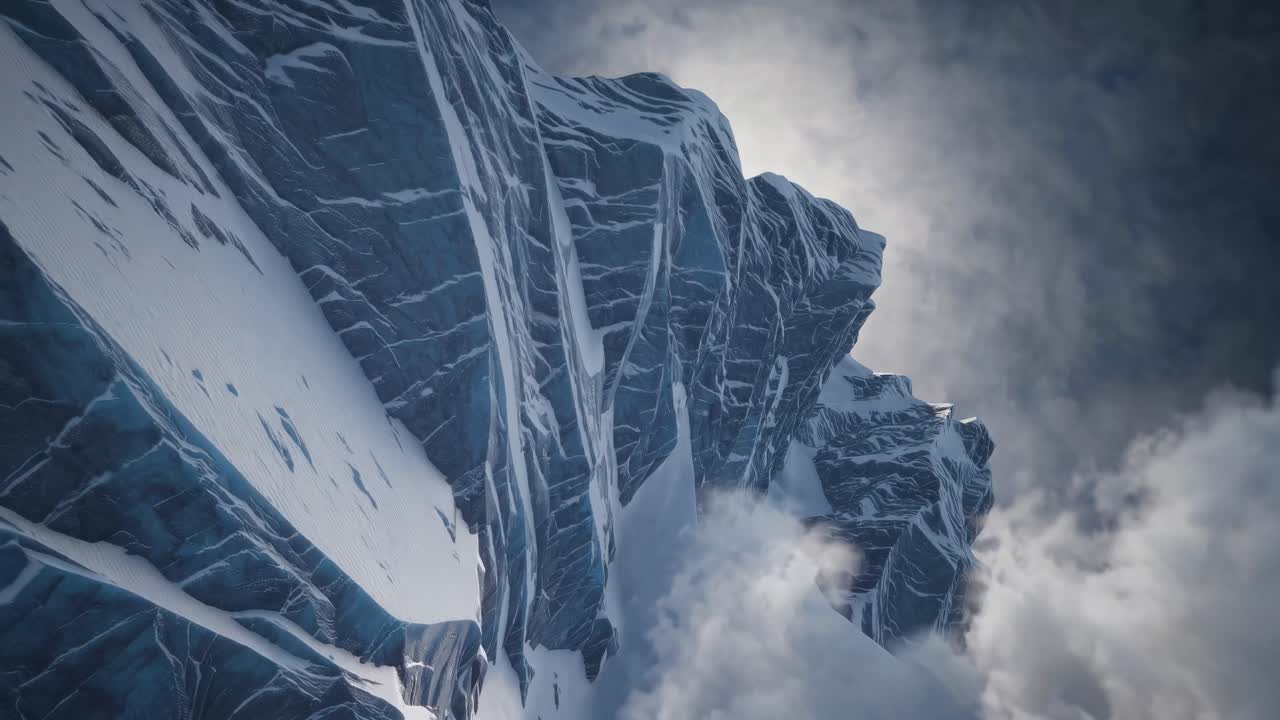 Dramatic upward angle captures rugged, snow-covered mountain peaks against a cloudy sky