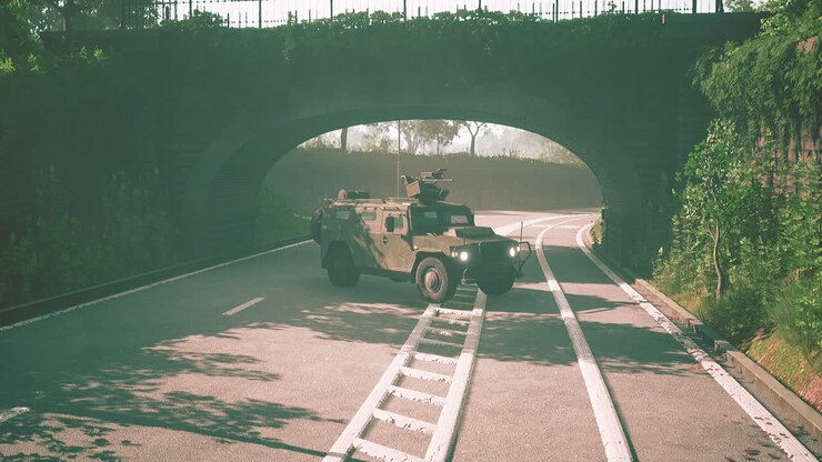 armored military car in big city