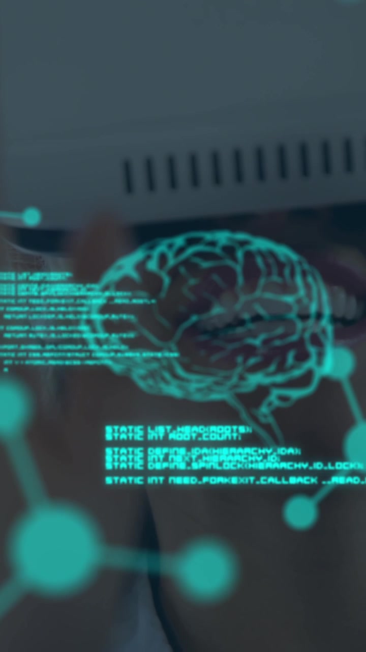 Animation of human brains spinning and data processing over businesswoman wearing vr headset