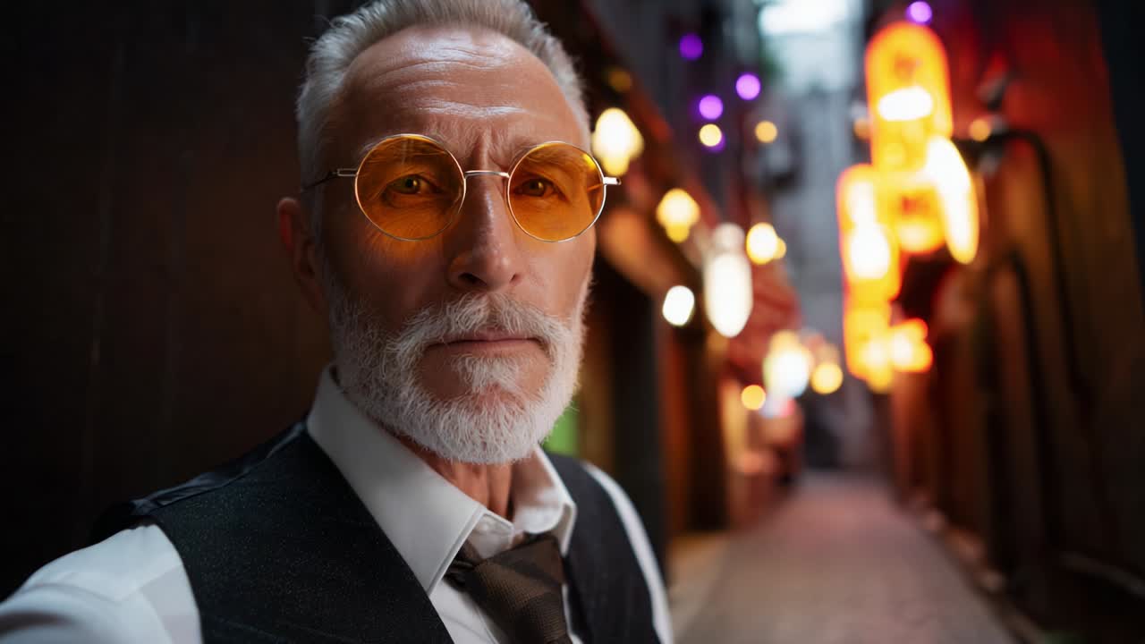 A Distinguished Older Gentleman with White Beard and Stylish Orange Glasses Poses in a Vibrant Alleyway Adorned with Colorful Lanterns, Capturing the Essence of Urban Charm and Sophistication