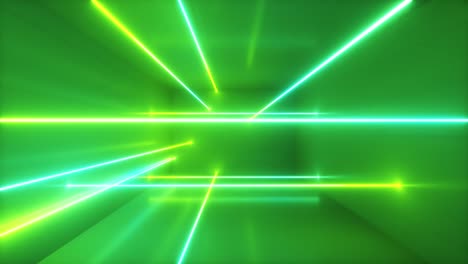 fondo abstracto, rayos de neón en movimiento, líneas luminosas dentro de la habitación, luz ultravioleta fluorescente, espectro azul-verde, bucle, bucle sin costuras renderizado en 3d