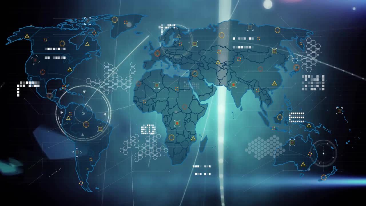 teal glow initiating holographic world map animating borders icons linking continents for data view
