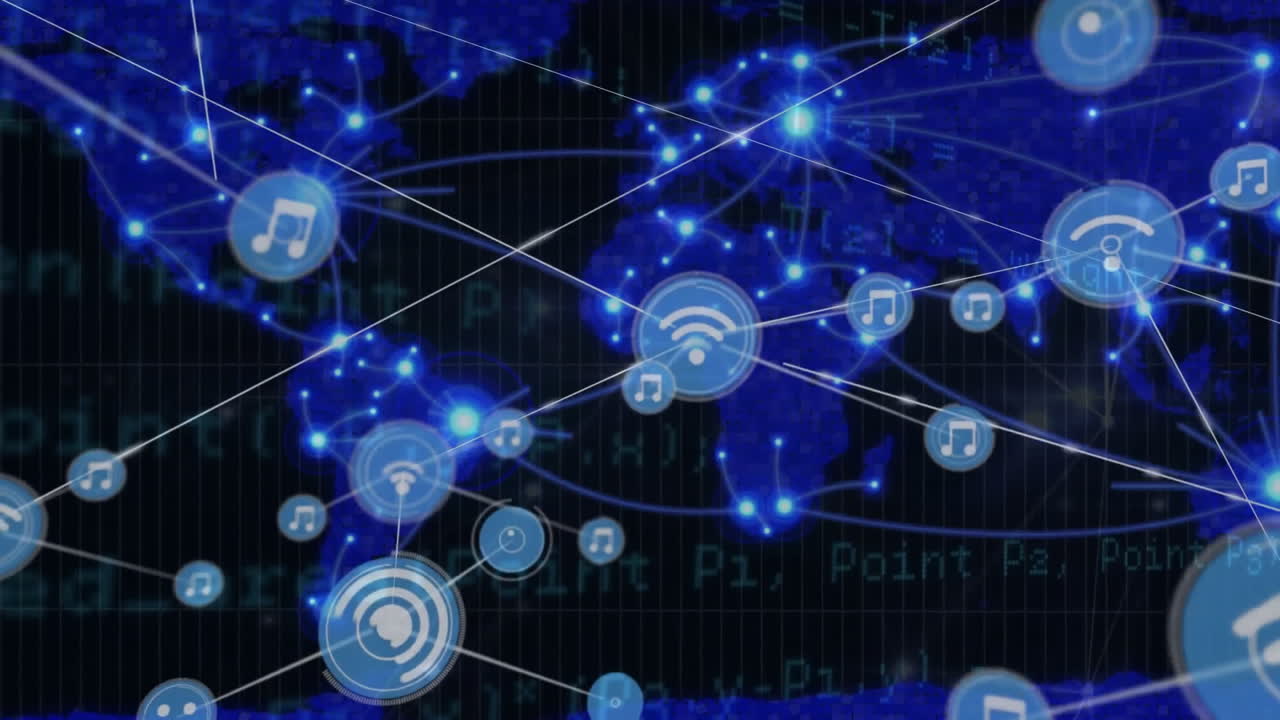 세계 지도 위의 아이콘으로 네트워크의 애니메이션