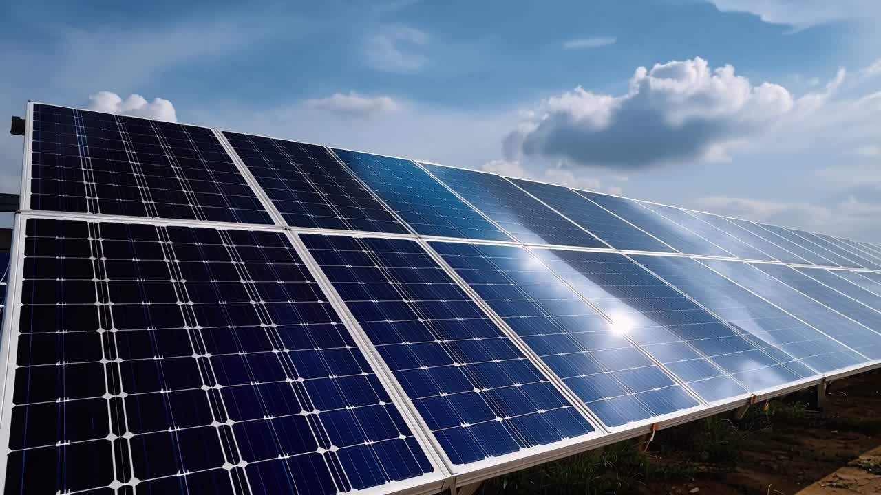 Fileiras de painéis solares se estendem sob céus azuis brilhantes. A luz do sol cintila nas superfícies de vidro refletivas. Nuvens flutuam suavemente acima. Grama verde ladeia as bordas do campo.