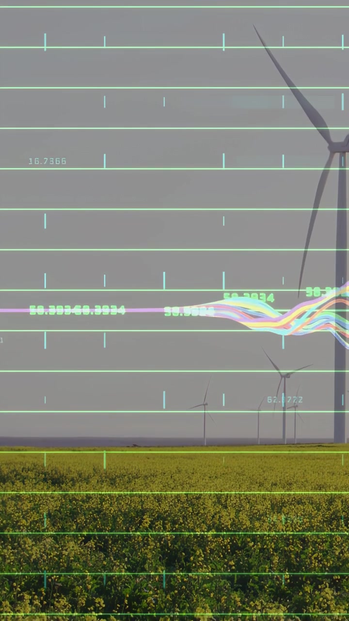 Video verticale: Turbina che ruota mentre un flusso di dati si increspa su una griglia che mostra la produzione eolica.