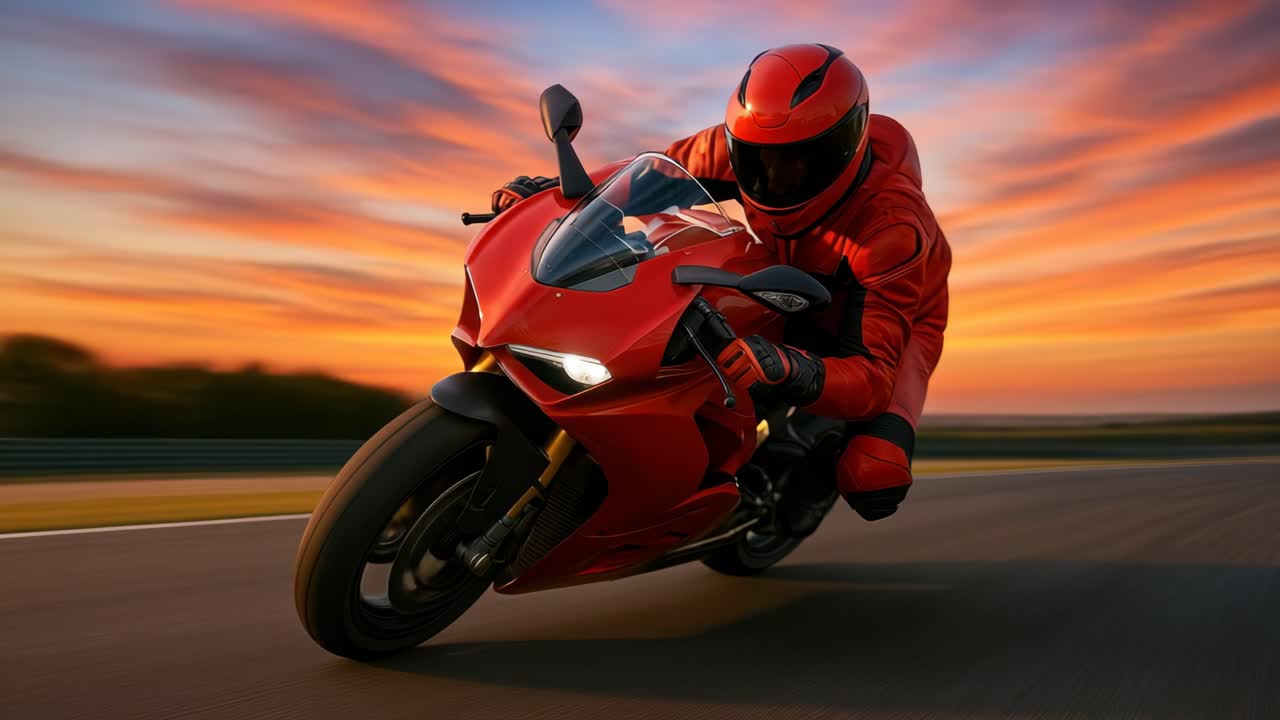 夕暮れ時のトラックを赤いギアでレースするオートバイの、スピード感あふれるダイナミックなローアングルショット。