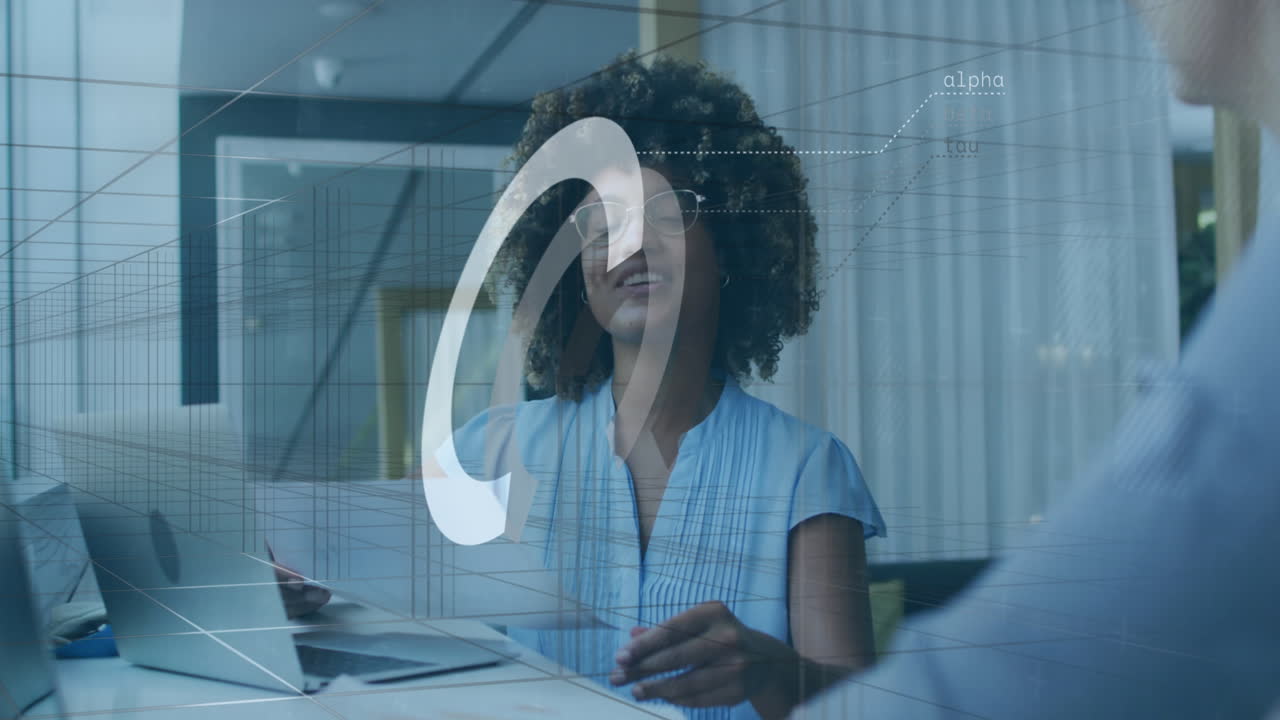 Animation of round scanner and data processing over african american woman reading a document
