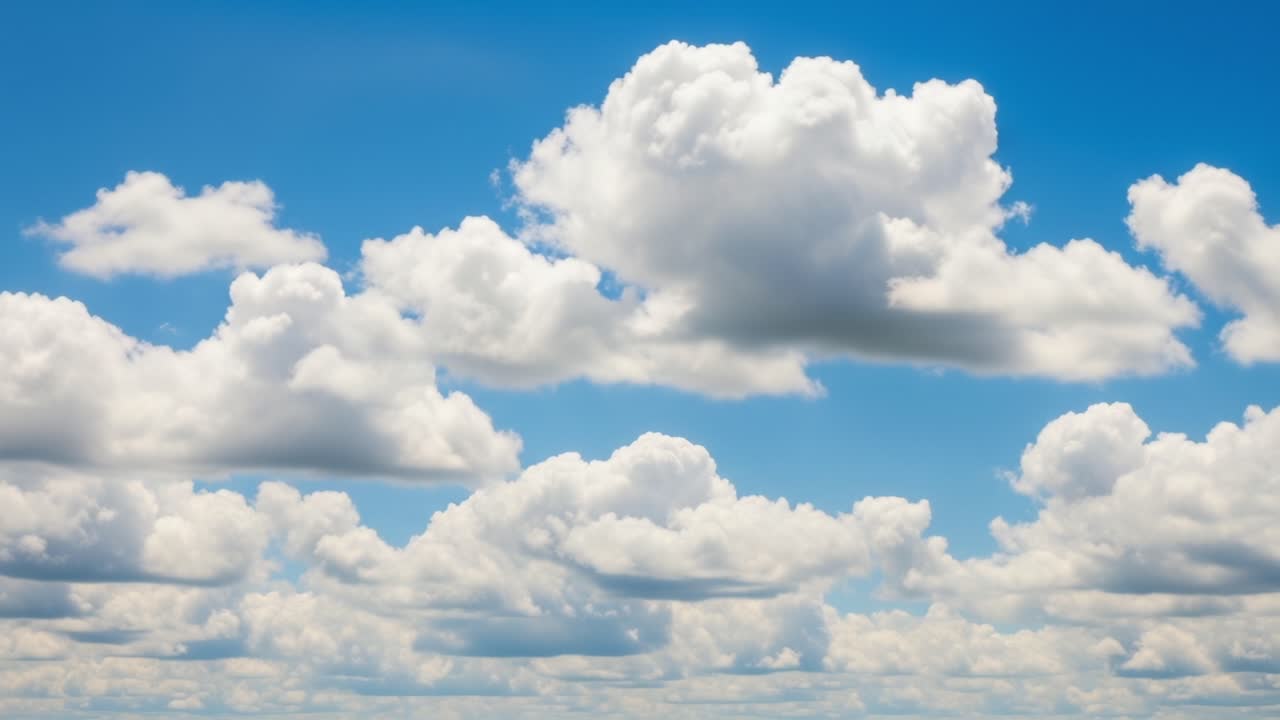 A Serene Sky Filled with Fluffy White Clouds Against a Bright Blue Background, Capturing the Beauty of Nature's Scenery and the Peaceful Atmosphere