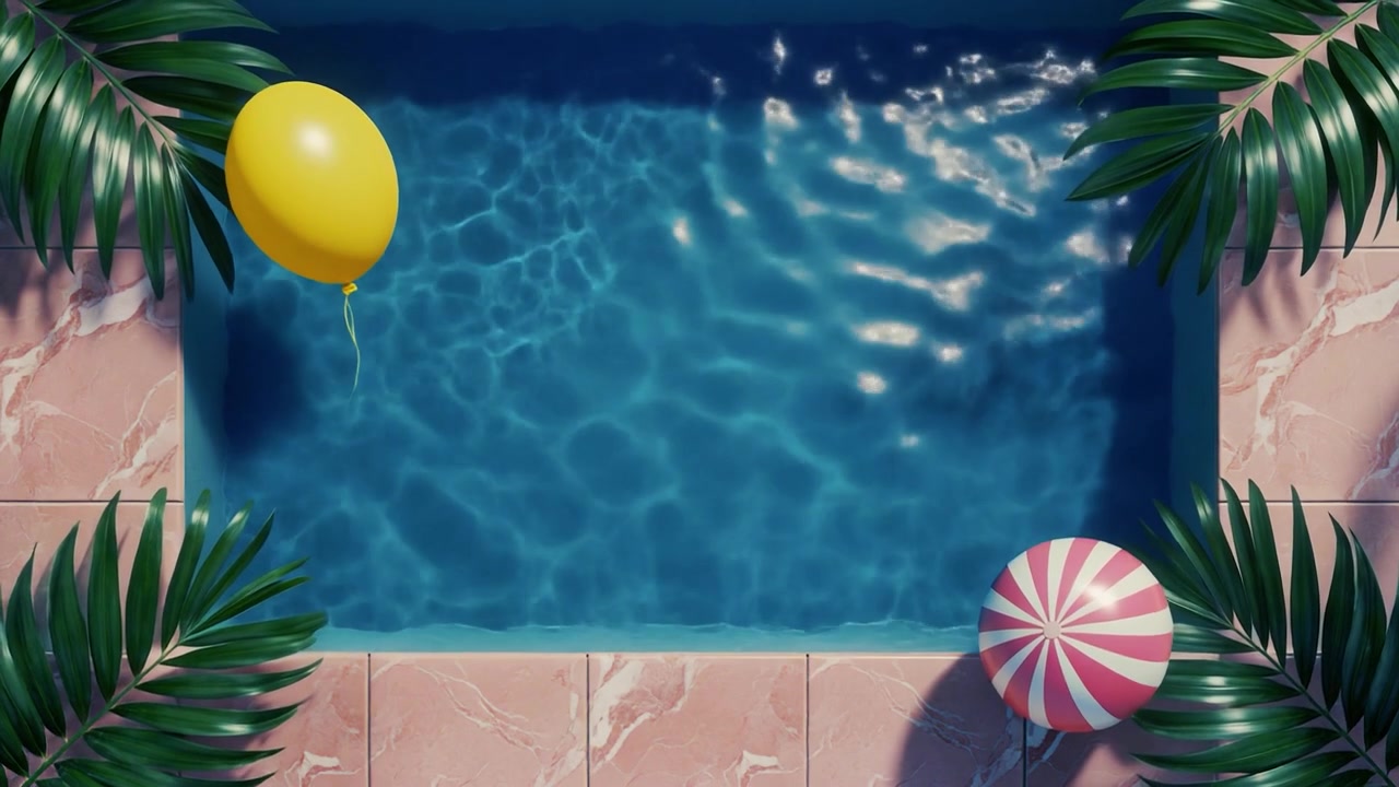 Top View of Swimming Pool with Floating Balloon and Beach Ball