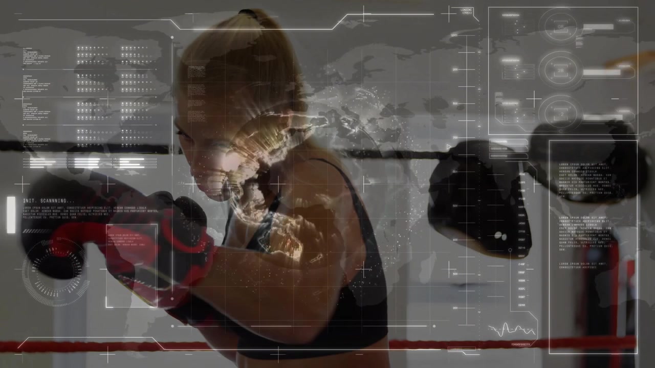 female boxer punching inside ring, overlaying fitness technology HUD mapping performance metrics
