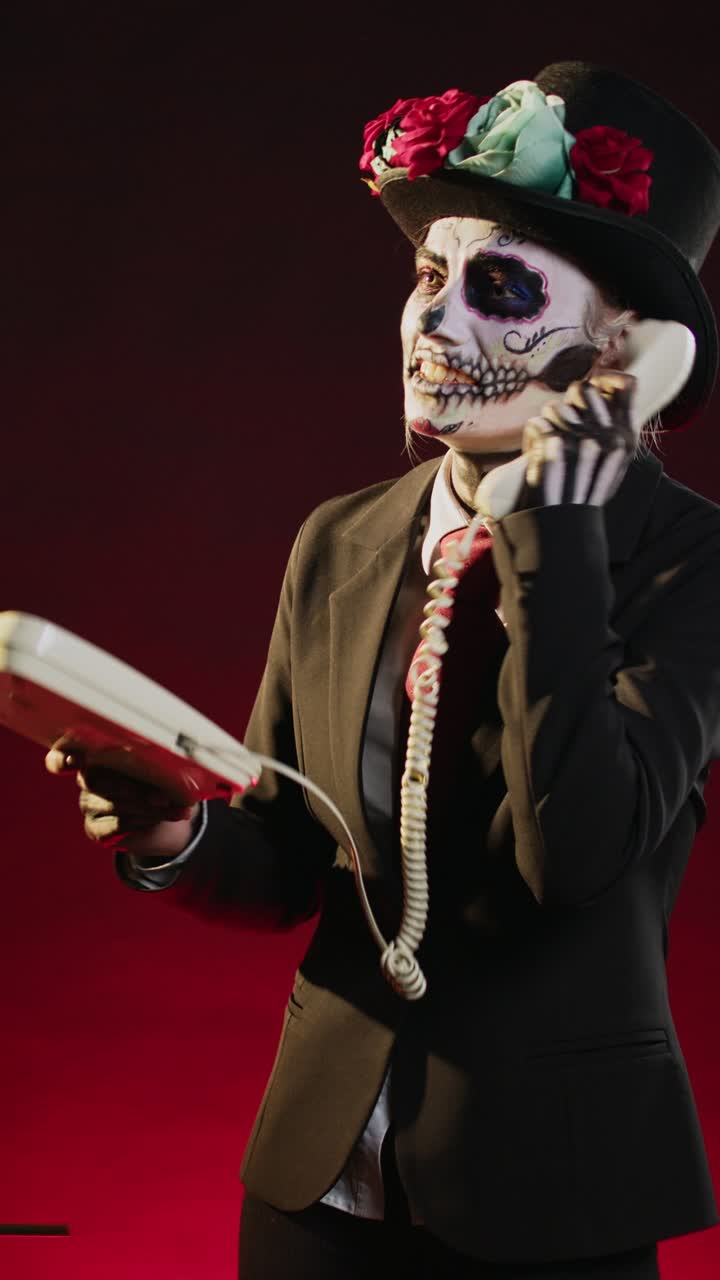 Video verticale: modello di Halloween che risponde a una telefonata da telefono fisso