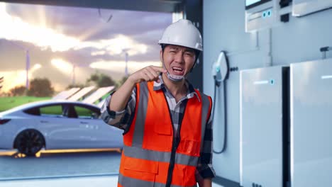 angry asian male engineer with safety helmet shouting at someone while standing with home energy storage system in a modern garage