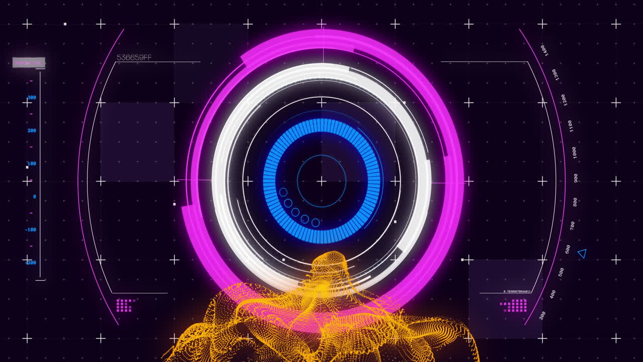 Animation of moving glowing lights and waves over digital interface