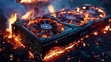 a computer graphics card sitting on top of a fire