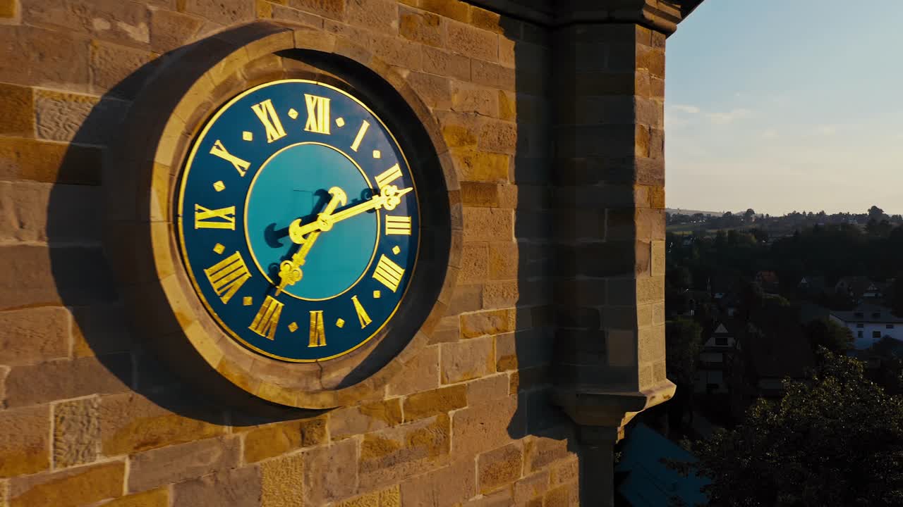 Church Clock Drone Aerial Stunning shot during sunrise
